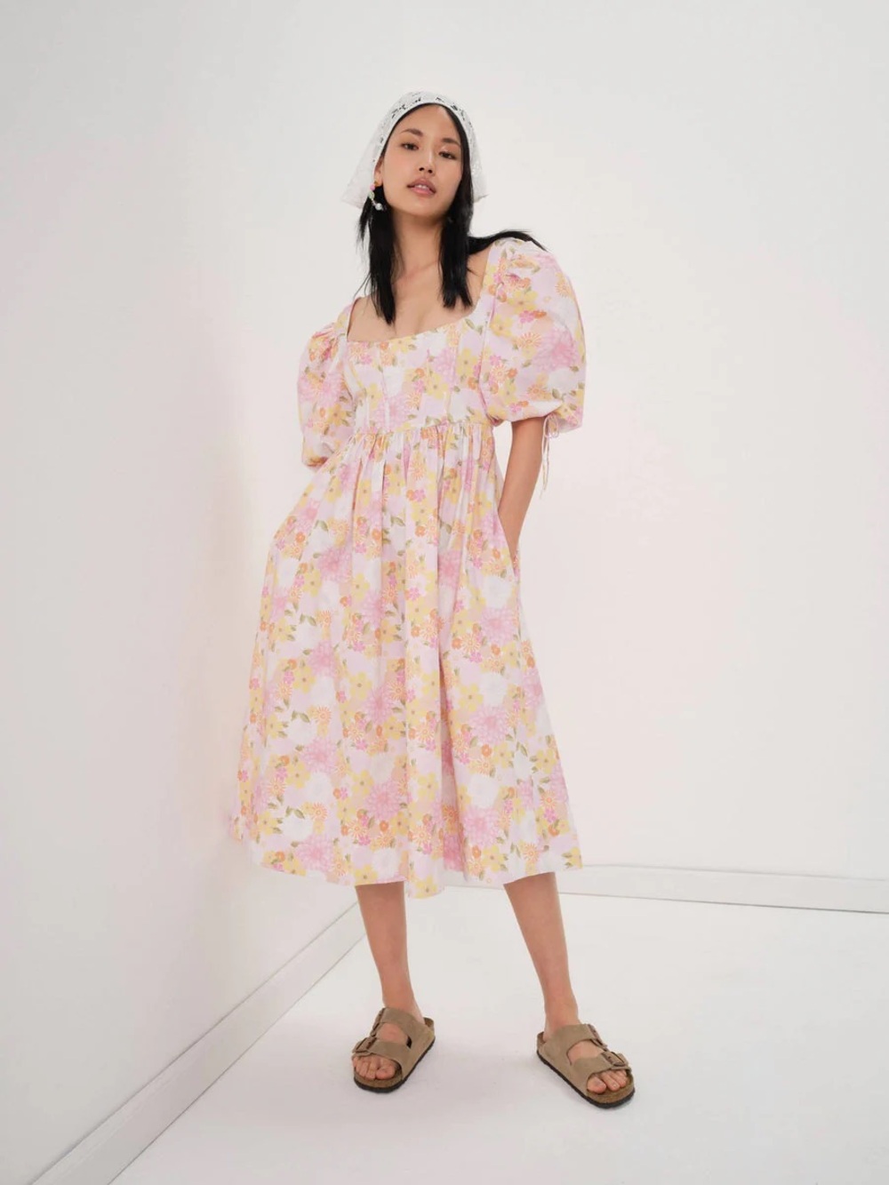 For Love and Lemons Carrie Floral Square-Neck Pink Puff-Sleeve Midi Dress - Picture 2 of 12